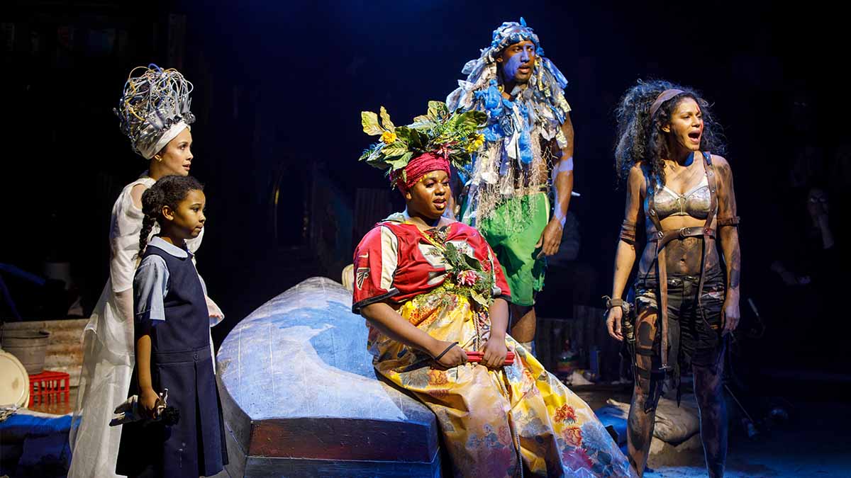 Emerson Davis, Lea Salonga, Alex Newell, Quentin Earl Darrington, and Merle Dandridge in <i>Once on this Island</i>. Photo by Joan Marcus.