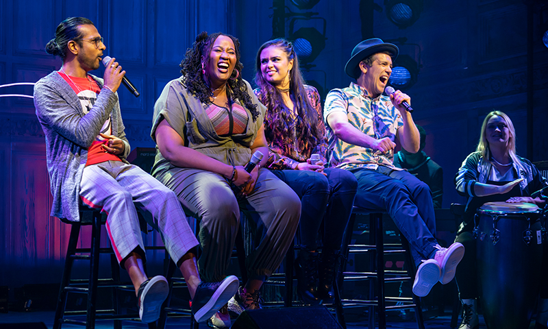 Utkarsh Ambudkar, Aneesa Folds, Ashley Perez Flanagan, Anthony Veneziale, and Kaila Mullady in <i>Freestyle Love Supreme</i>. Photo by Joan Marcus.