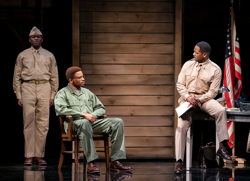 Warner Miller, Nnamdi Asonmugha, and Blair Underwood in <i>A Soldier's Play</i>. Photo by Joan Marcus.