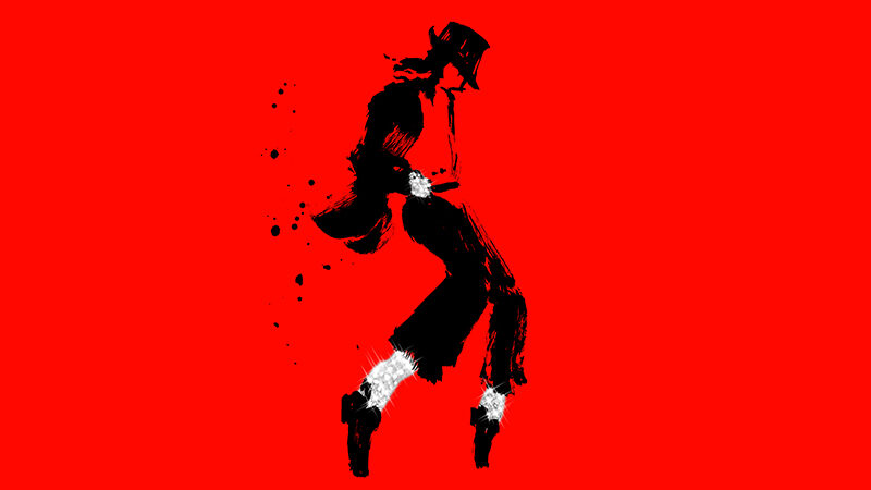 Image of a silhouette of MJ in iconic dance pose in red black and white on a red background