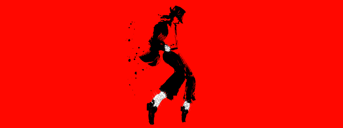 Image of a silhouette of MJ in iconic dance pose in red black and white on a red background