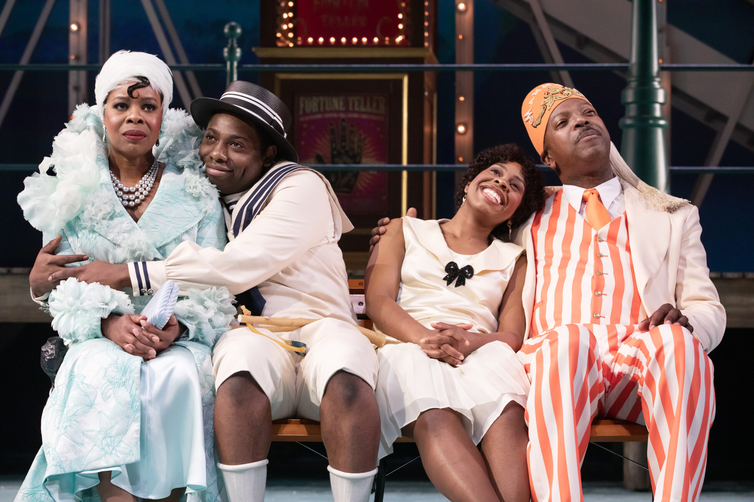 Roslyn Ruff, Julian Robertson, Paige Gilbert, and James Vincent Meredith in The Skin of Our Teeth. Photo by Julieta Cervantes.