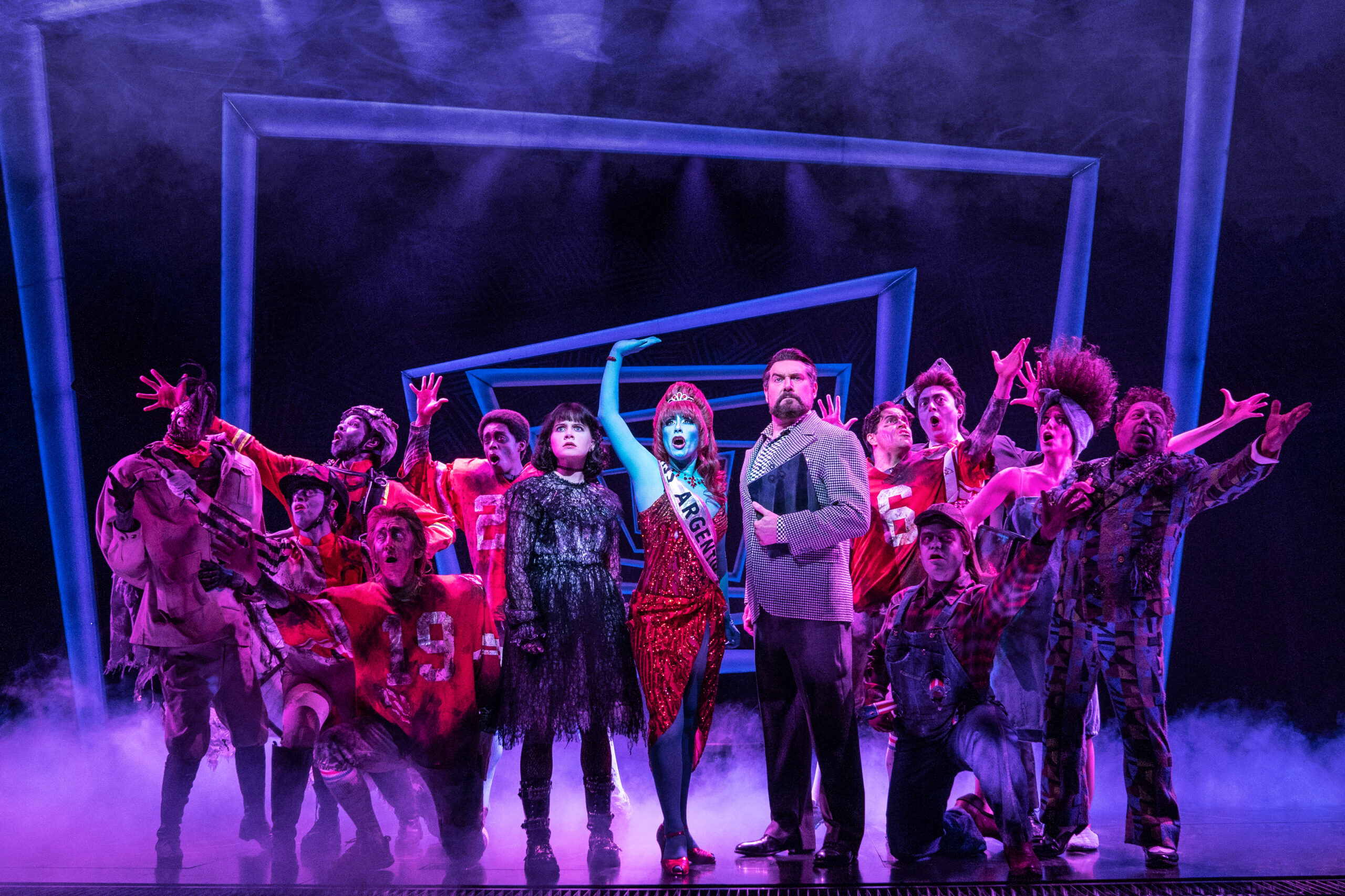 Elizabeth Teeter, Michelle Aravena, Adam Dannheisser, and the cast of Beetlejuice. Photo by Matthew Murphy.