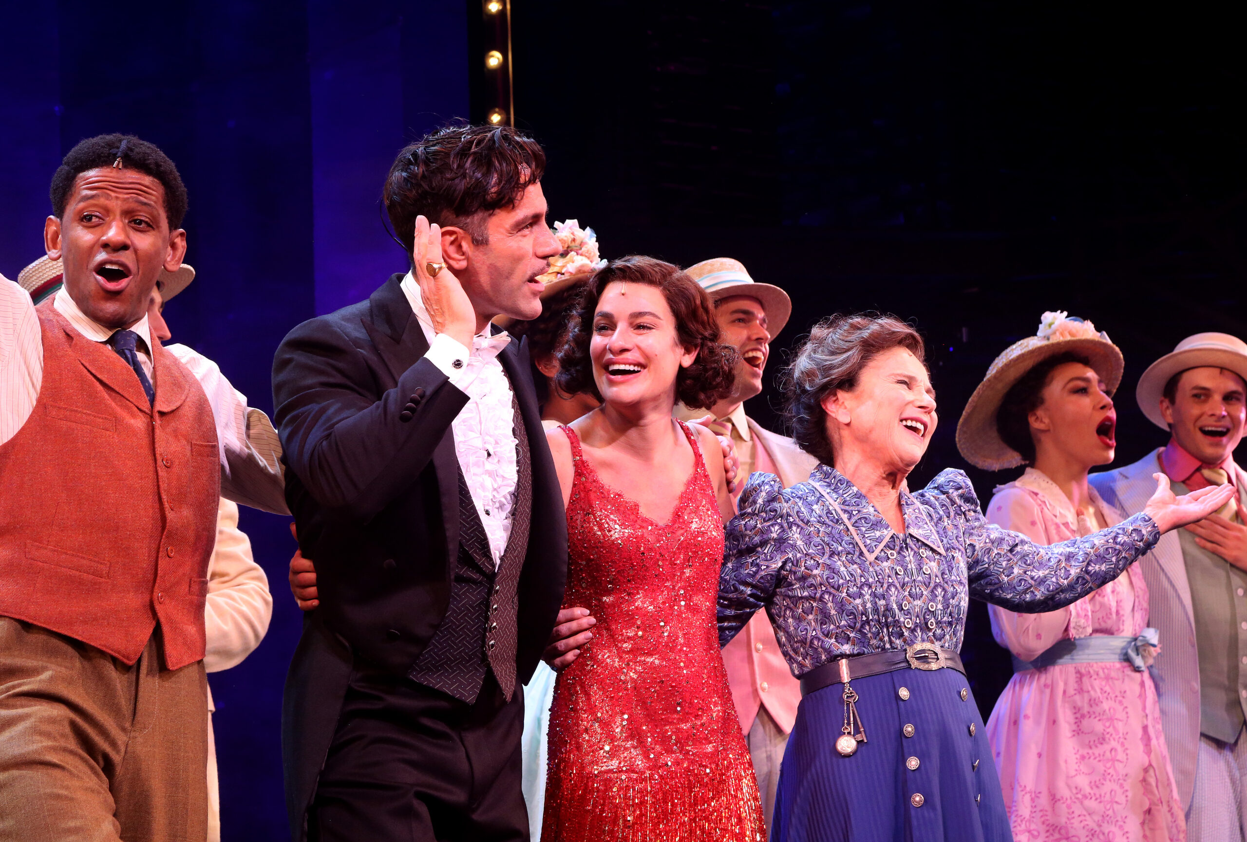 Jared Grimes, Ramin Karimloo, Lea Michele, Tovah Feldshuh and the cast of Funny Girl. Photo by Bruce Glikas.
