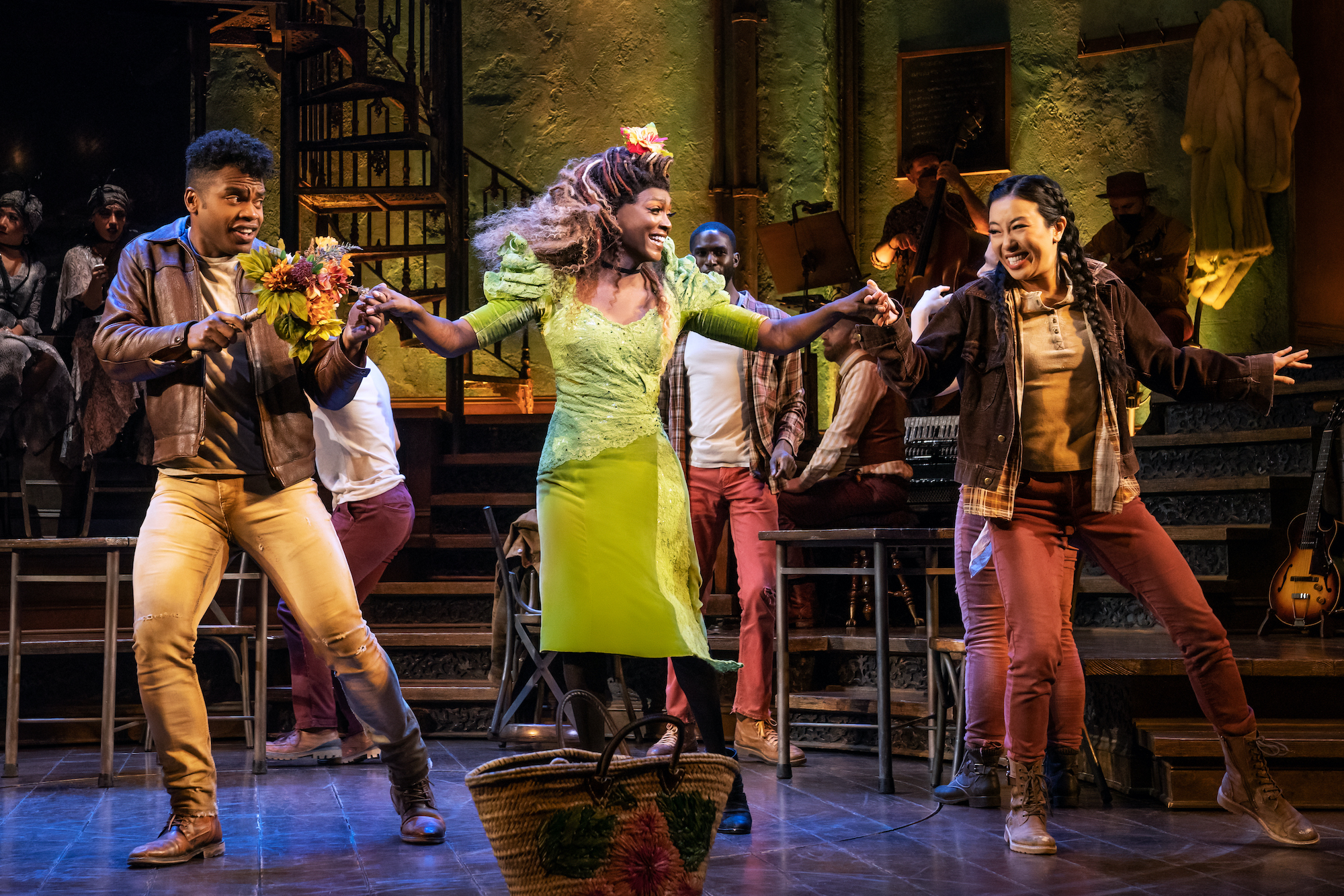 Max Kumangai, Jewelle Blackman, and Grace Yoo in Hadestown. Photo by Matthew Murphy.