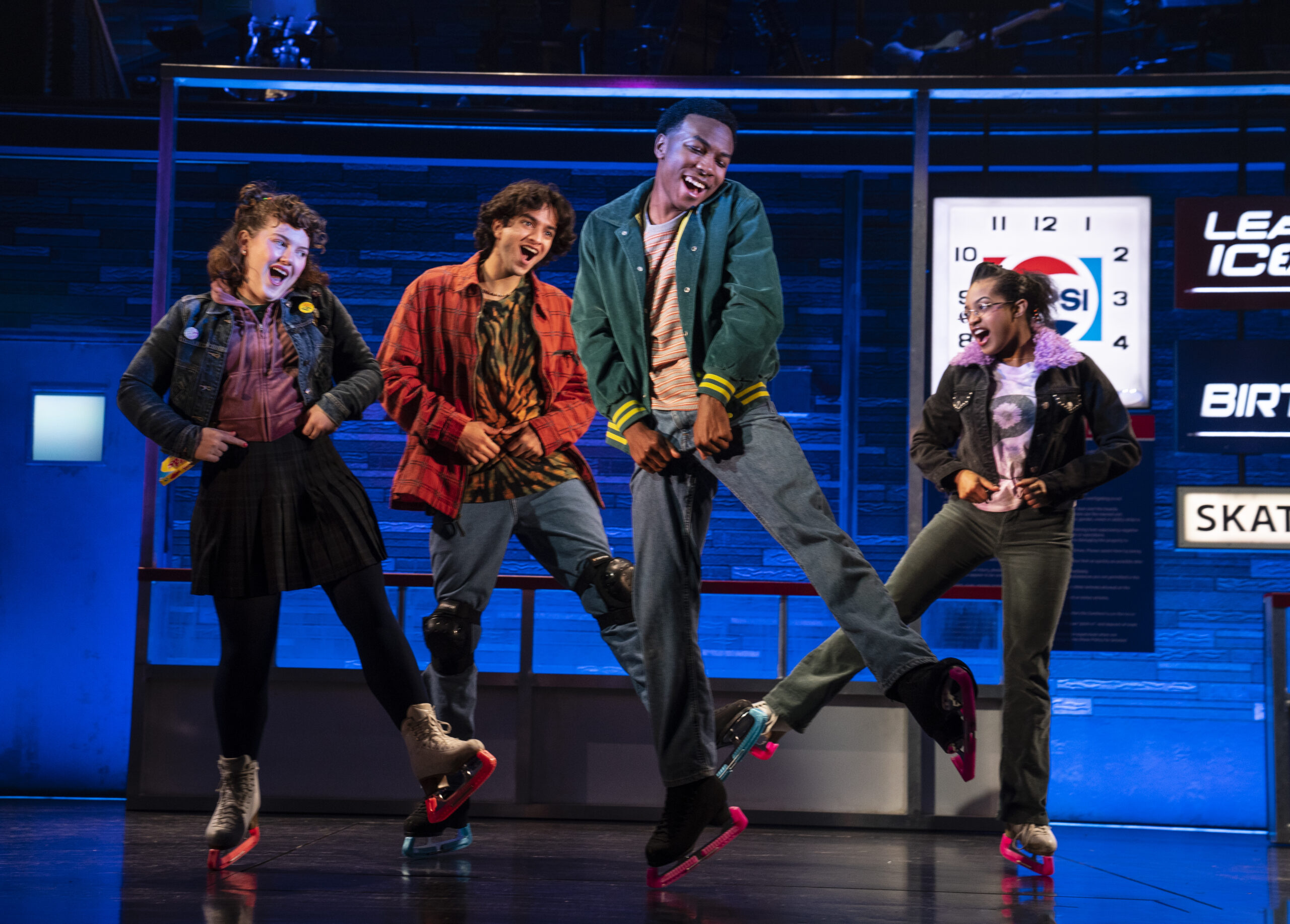 Nina White, Michael Iskander, Fernell Hogan, and Olivia Hardy in Kimberly Akimbo. Photo by Joan Marcus.