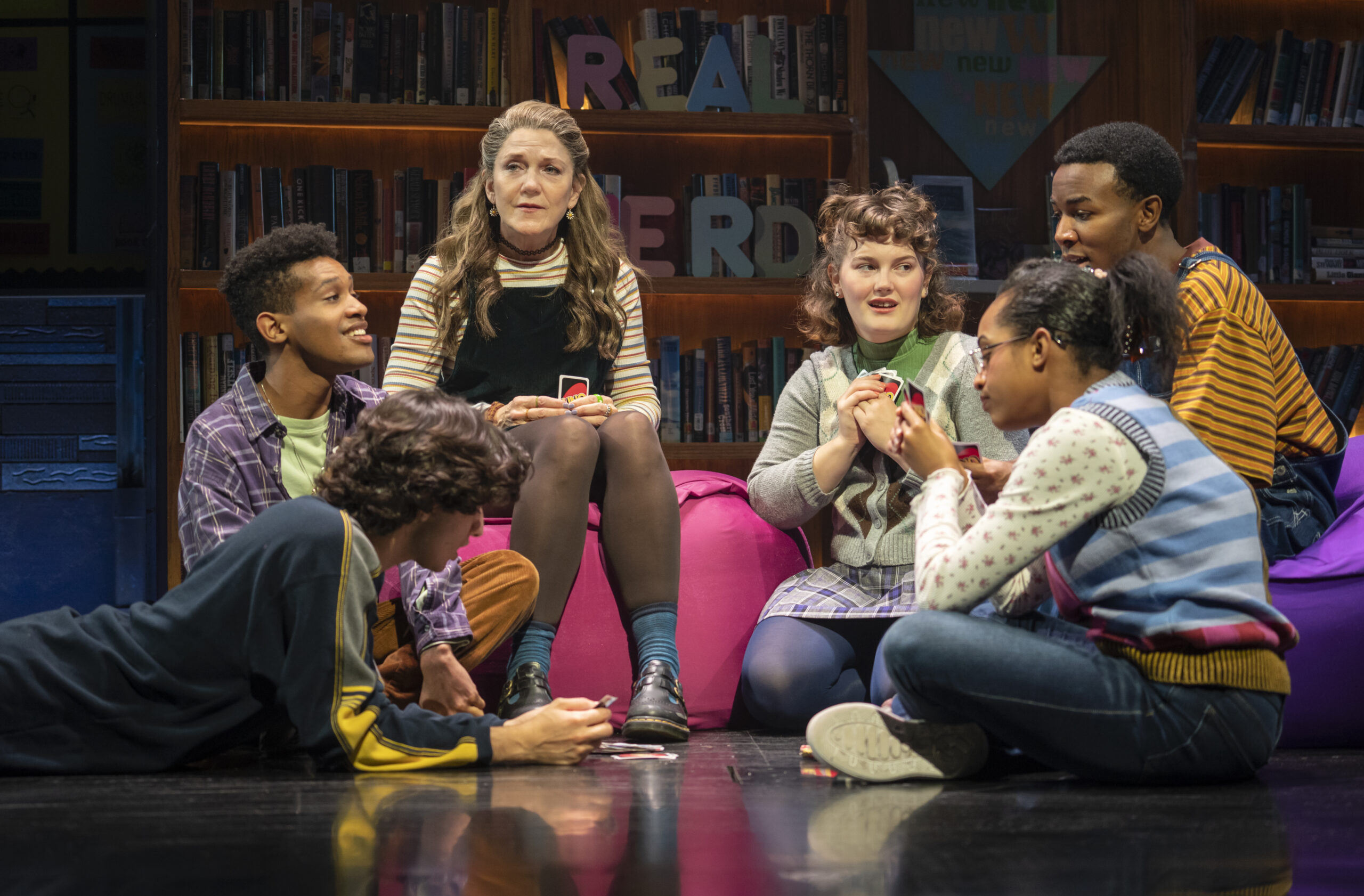 Michael Iskander, Justin Cooley, Victoria Clark, Nina White, Olivia Hardy, and Fernell Hogan in Kimberly Akimbo. Photo by Joan Marcus.