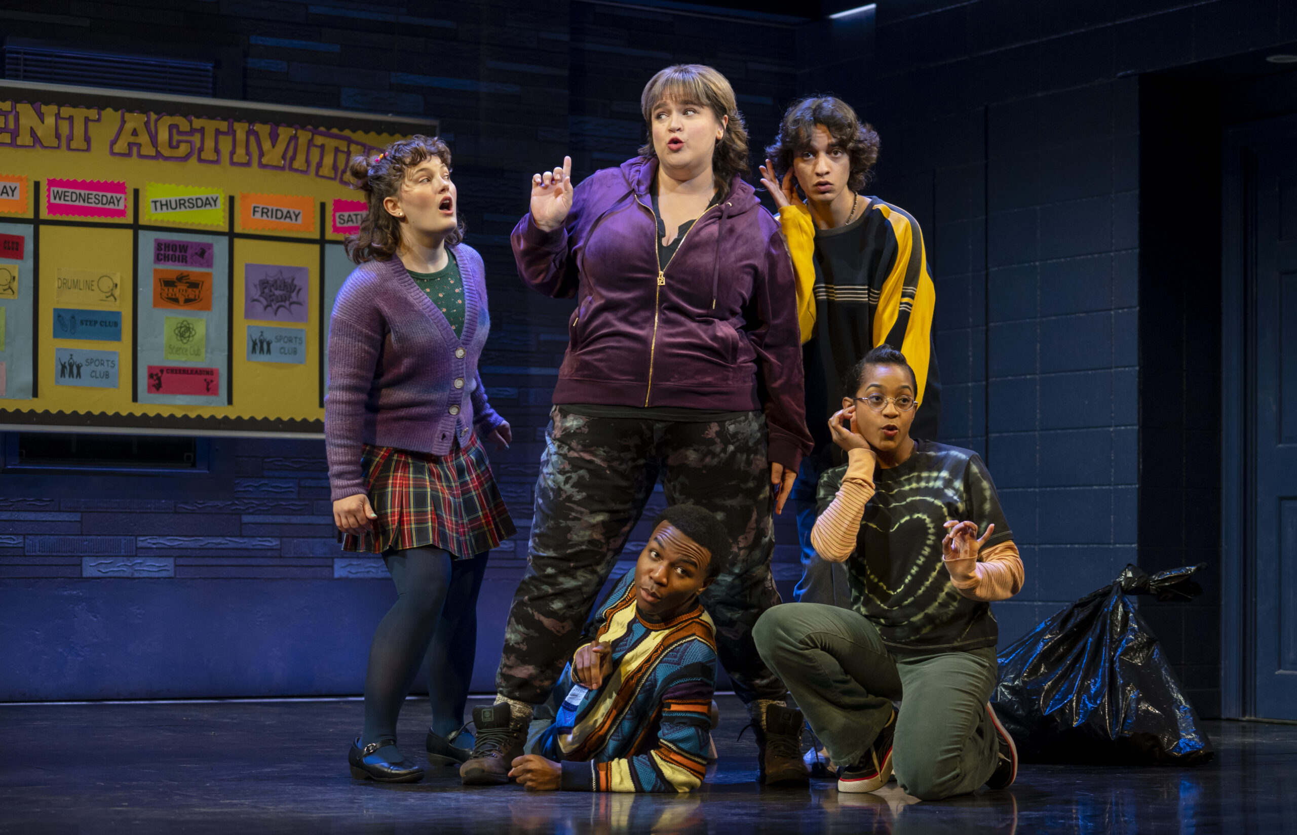 Nina White, Bonnie Milligan, Fernell Hogan, Michael Iskander, and Olivia Hardy in Kimberly Akimbo. Photo by Joan Marcus.