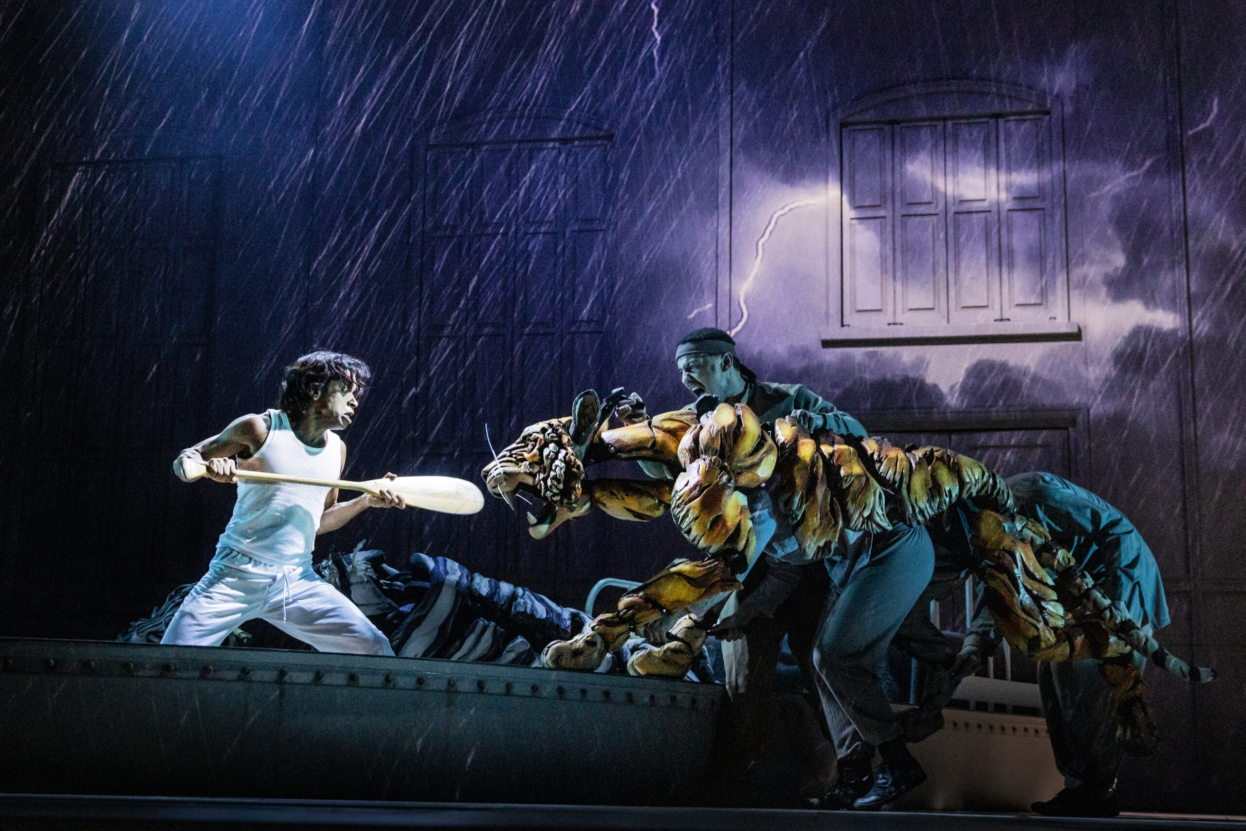 Hiran Abeysekera, Fred Davis, Scarlet Wildeernik, and Andrew Wilson in Life of Pi. Photo by Matthew Murphy and Evan Zimmerman.