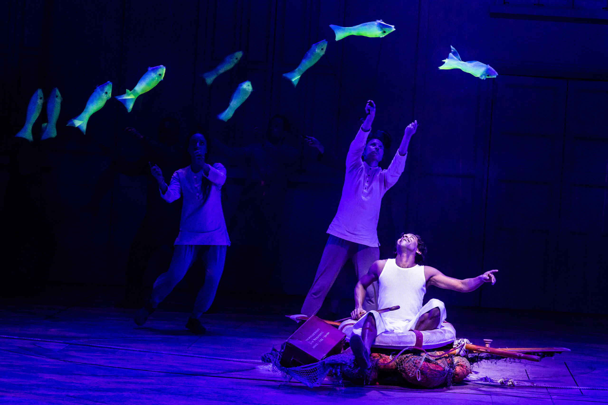 Sonya Venugopal, Celia Mei Rubin, and Hiran Abeysekera in Life of Pi. Photo by Matthew Murphy and Evan Zimmerman.