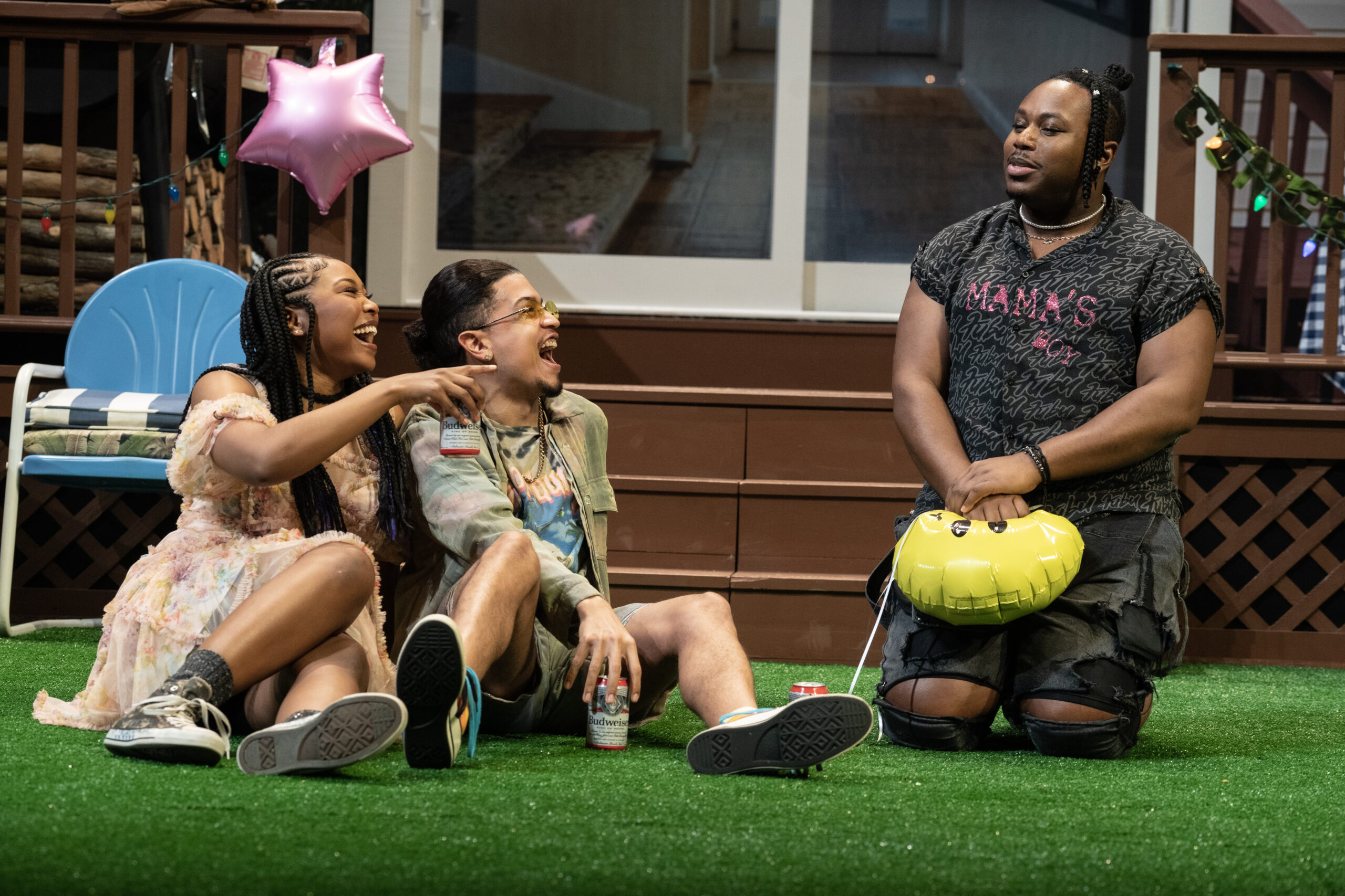 Adrianna Mitchell, Chris Herbie Holland, and Marcel Spears in Fat Ham. Photo by Joan Marcus.