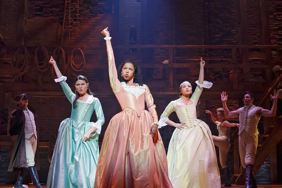 Philipa Soo, Renee Elise-Goldsberry, and Jasmine Cephas Jones in <i>Hamilton.</i>