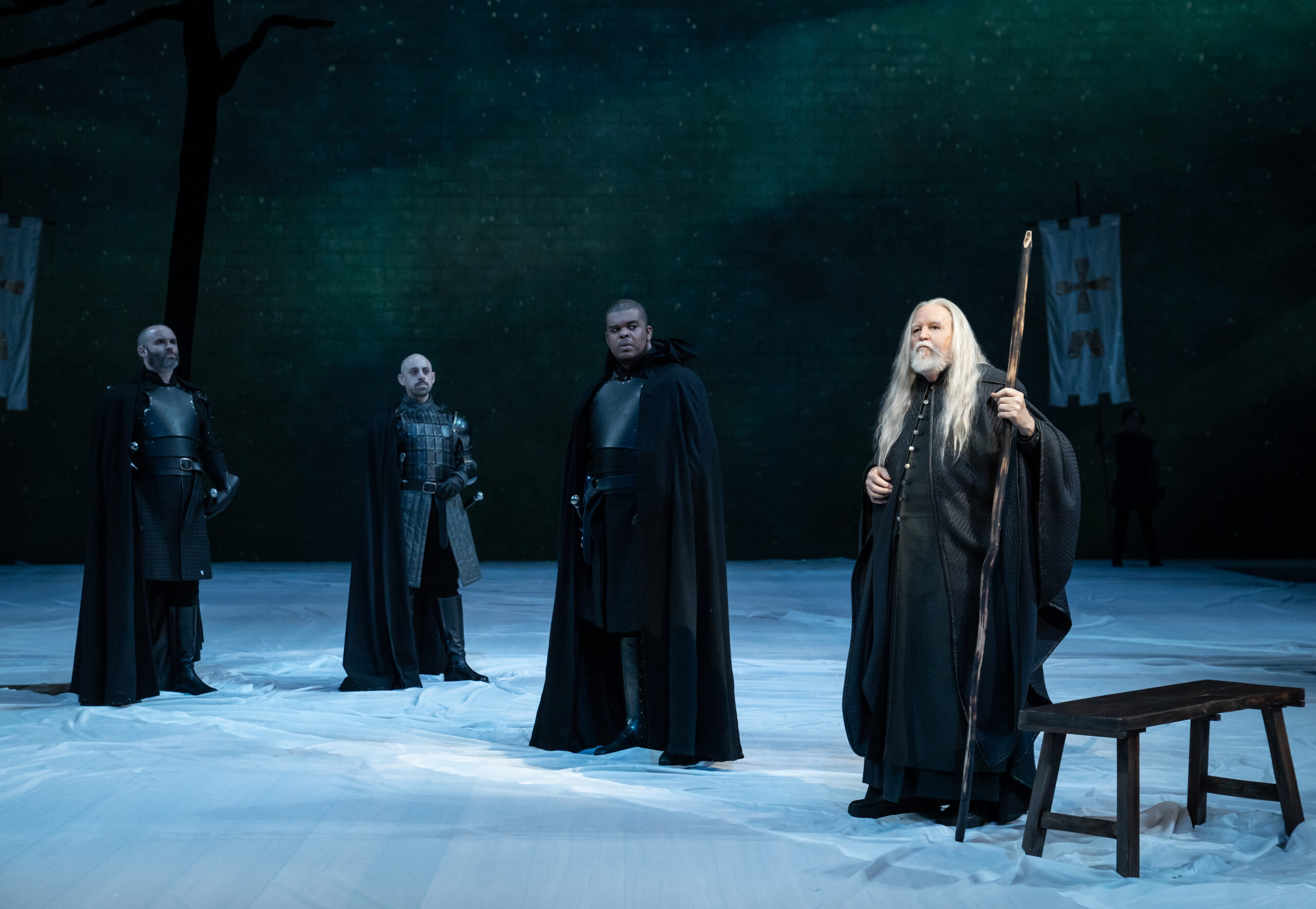 Danny Wolohan, Anthony Michael Lopez, Fergie Philippe, and Dakin Matthews in Camelot. Photo by Joan Marcus.