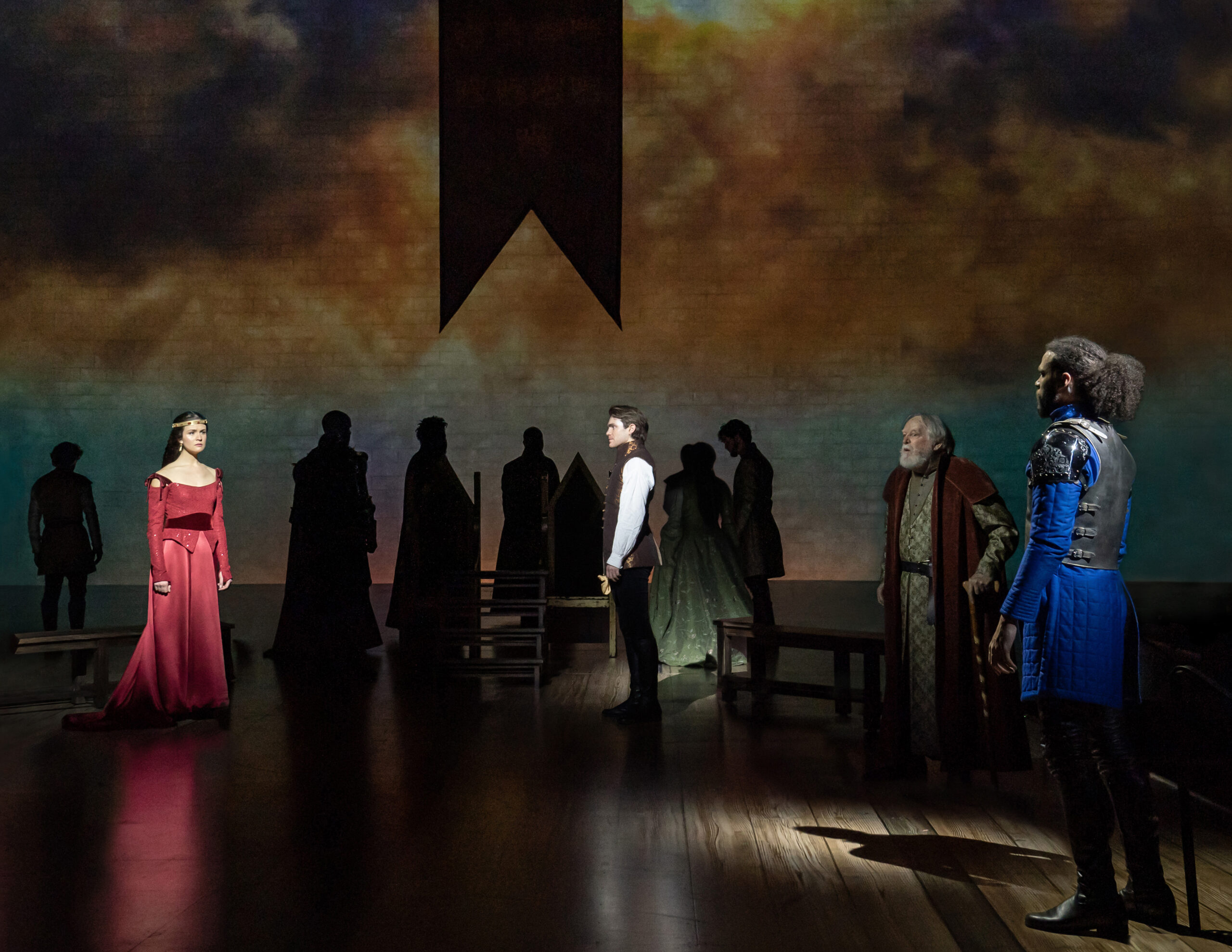 Phillipa Soo, Andrew Burnap, Dakin Matthews, Jordan Donica, and the cast of Camelot. Photo by Joan Marcus.