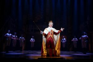 Euan Morton as King George in Hamilton. Photo by Joan Marcus.
